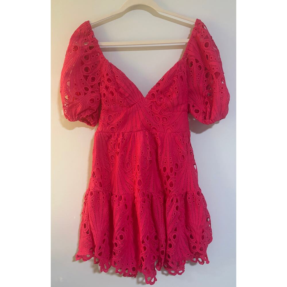 Hello Molly Pink Lace Puff Sleeve Open Back Mini Dress Size 8